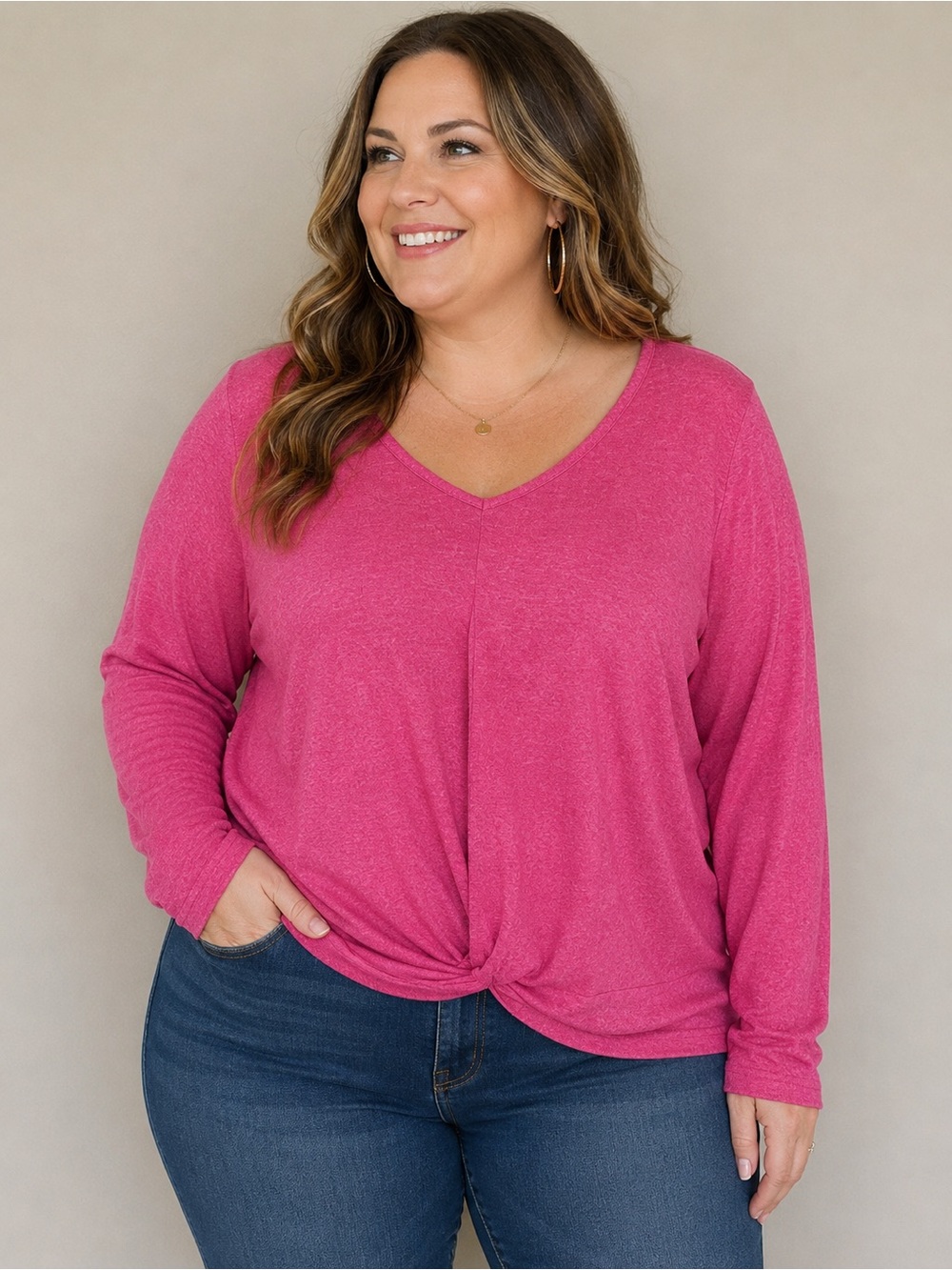 Kismet Pink Twist Front Long Sleeve Knit Top